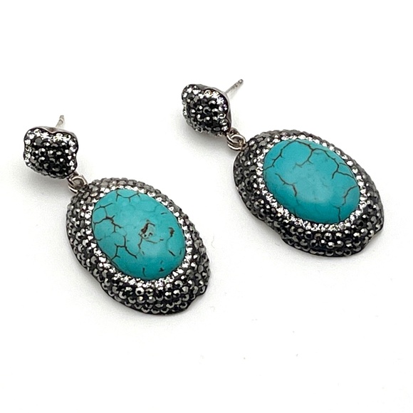 Sterling Silver and Turquoise Drop Earrings Accented with Marcasite and Crystals - Picture 2 of 5